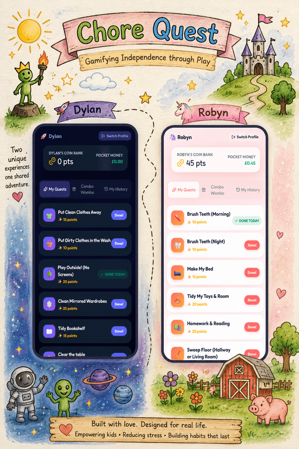 ChoreQuest real UI mock-up showing Cosmic Quest and Star Farm interfaces side by side
